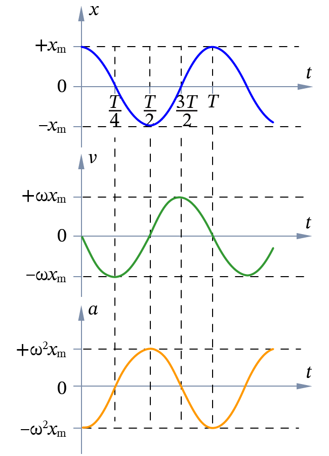 Графики зависимости координаты x, скорости v и ускорения a тела от времени при гармонических колебаниях